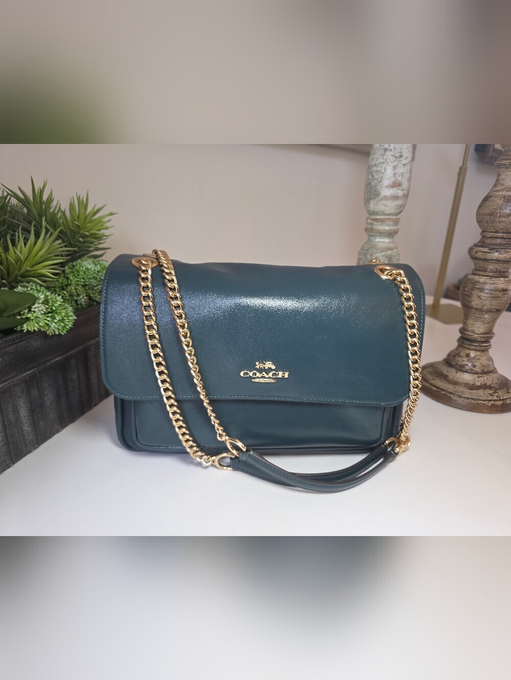 Coach Elodie Dark Teal Smooth Leather Crossbody/Shoulder Bag Gold Chain NWT - Picture 10 of 15